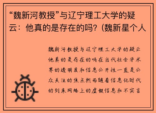 “魏新河教授”与辽宁理工大学的疑云：他真的是存在的吗？(魏新星个人简介)