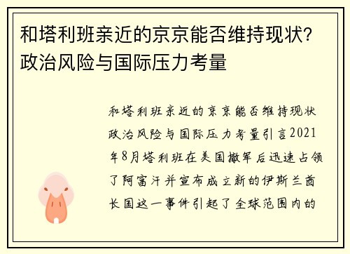 和塔利班亲近的京京能否维持现状？政治风险与国际压力考量