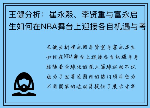 王健分析：崔永熙、李贤重与富永启生如何在NBA舞台上迎接各自机遇与考验