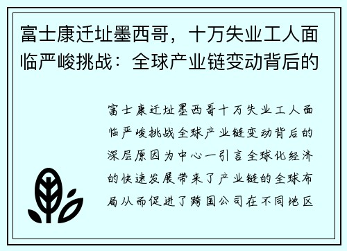 富士康迁址墨西哥，十万失业工人面临严峻挑战：全球产业链变动背后的深层原因