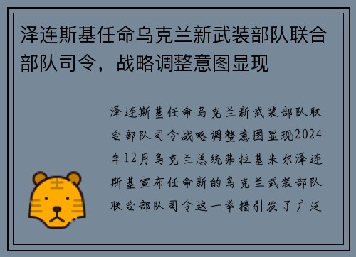 泽连斯基任命乌克兰新武装部队联合部队司令，战略调整意图显现