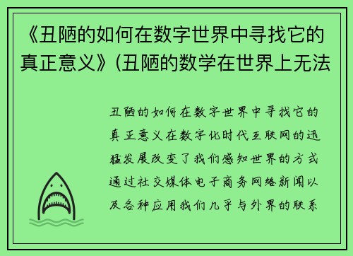 《丑陋的如何在数字世界中寻找它的真正意义》(丑陋的数学在世界上无法生存)