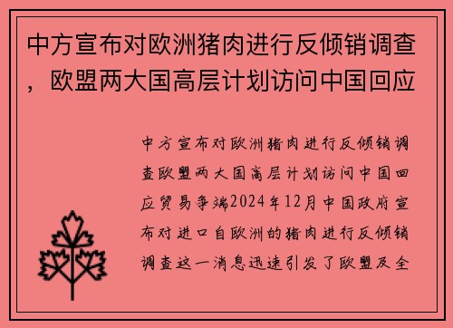 中方宣布对欧洲猪肉进行反倾销调查，欧盟两大国高层计划访问中国回应贸易争端