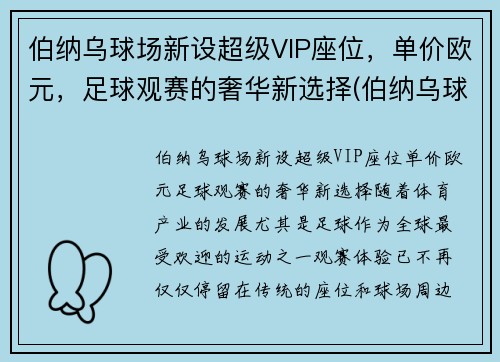 伯纳乌球场新设超级VIP座位，单价欧元，足球观赛的奢华新选择(伯纳乌球场tifo)