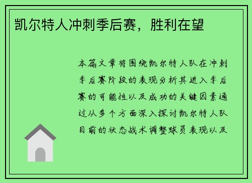 凯尔特人冲刺季后赛，胜利在望